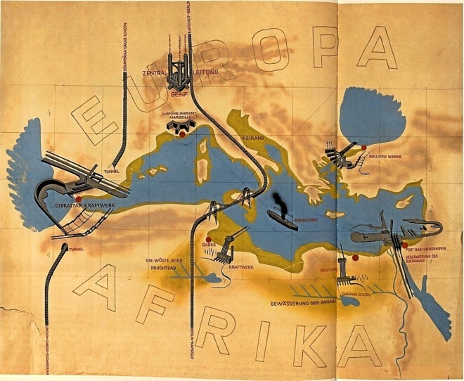 Mapa d’Atlàntropa, el projecte fallit de Herman Sörgel per unir Europa i Àfrica assecant el mar Mediterrani